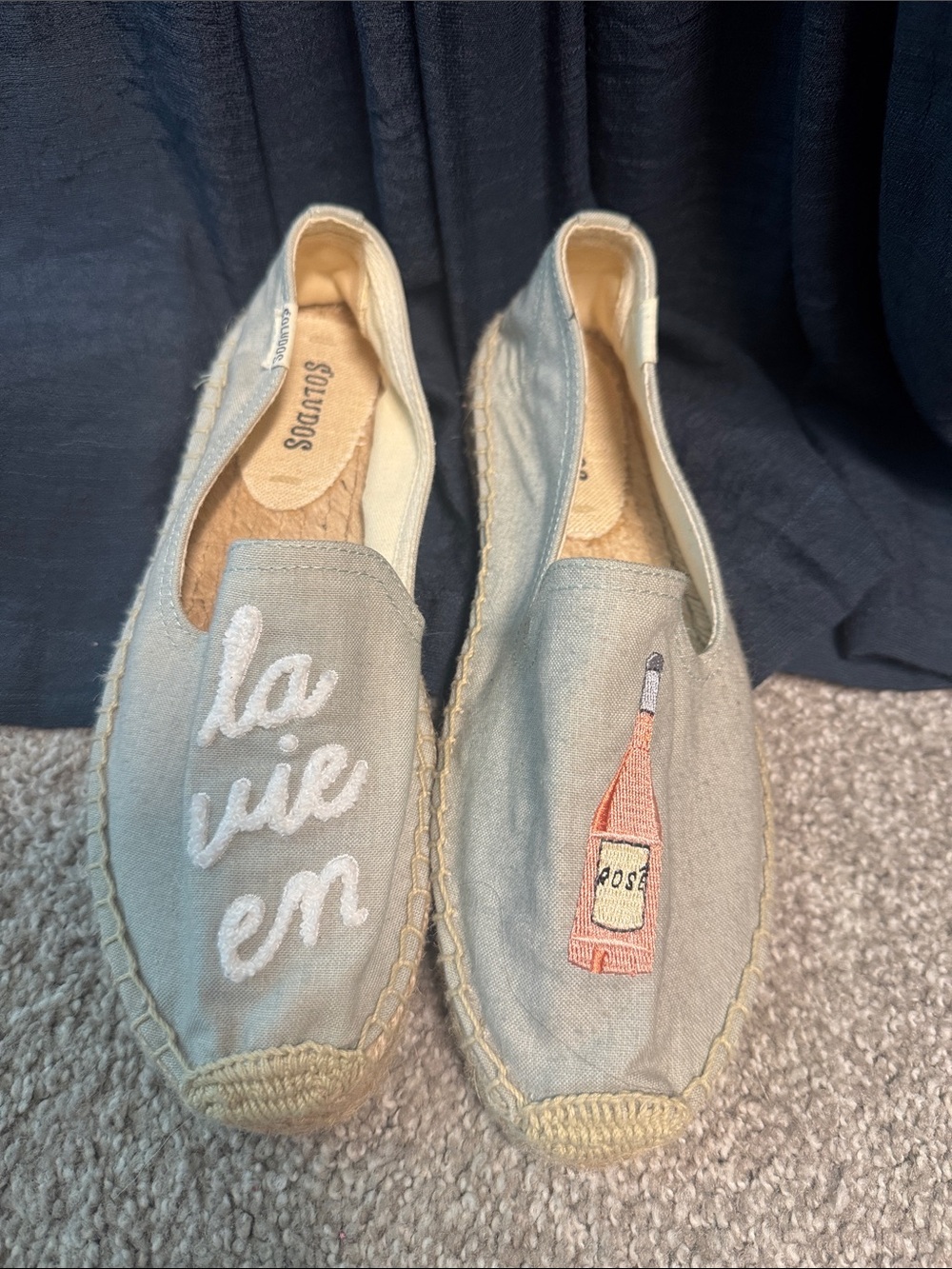 Soludos Light Blue Espadrilles with Pink Champagne Bottle Embroidery